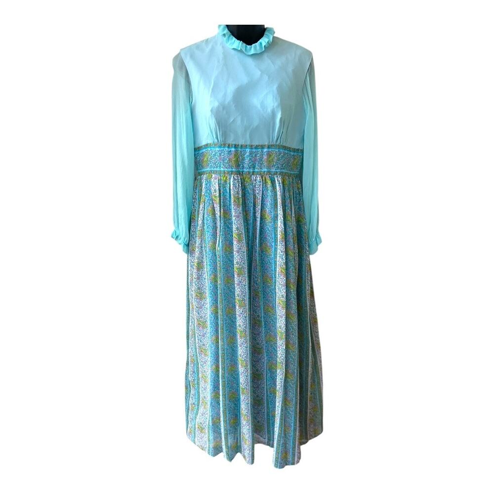 Vintage Retro Boho Handmade 60s 70s Aqua Green Floral Print Size M Maxi Dress